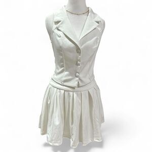 White Two-Piece Vest and Pleated Skirt Set